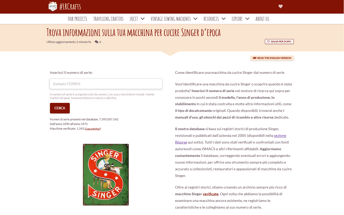Database storico delle macchine per cucire Singer in lingua italiana